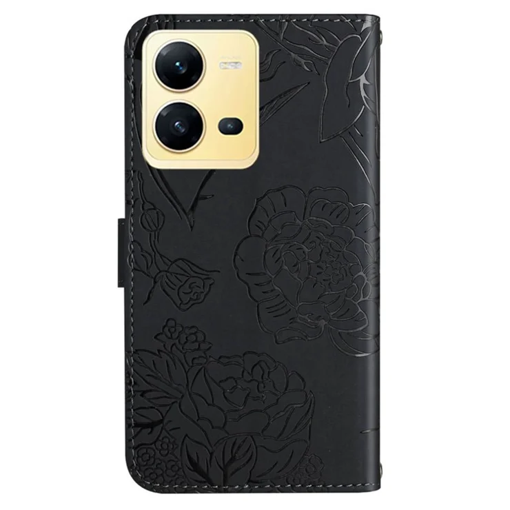 For vivo X80 Lite 5G / V25 5G HT03 Imprinted Butterfly Flowers Wallet Phone Case Skin-Touch PU Leather Shockproof Stand Flip Cover with Shoulder Strap - Black