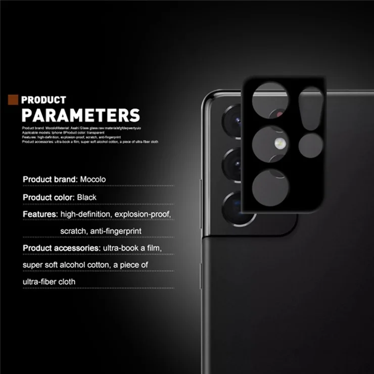 MOCOLO Camera Lens Screen Protector for Samsung Galaxy S21 Ultra 5G, Silk Printing Anti-oil Anti-scratch Full Glue Clear Tempered Glass 9H Protective Film - Black