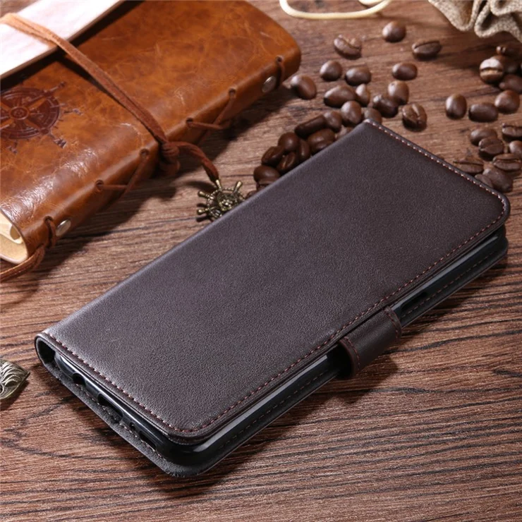 For OnePlus 5 Phone Cases Genuine Split Leather Wallet Mobile Cover Stand - Coffee