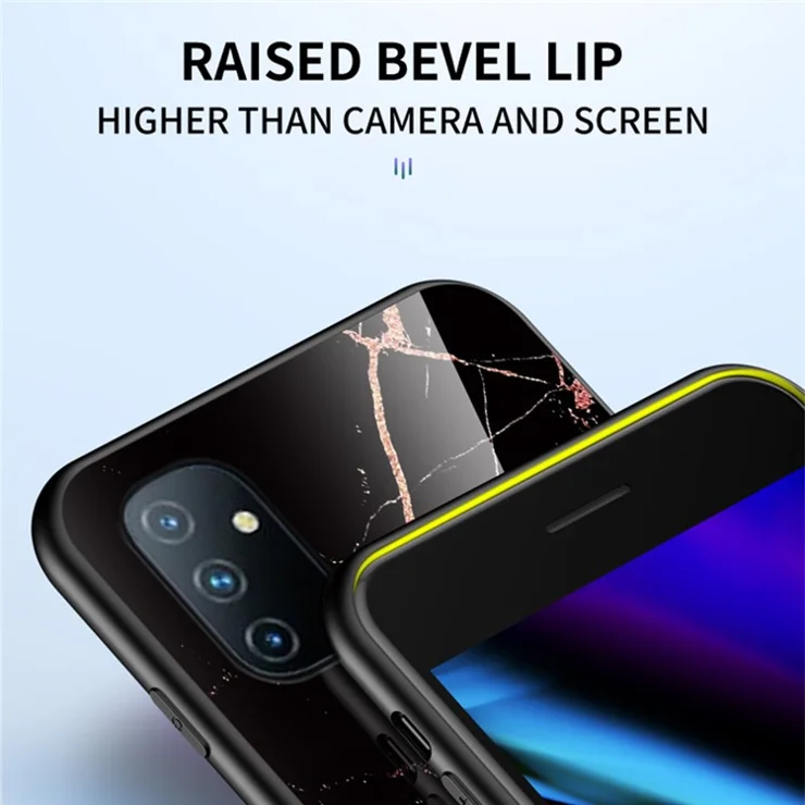 Stylish Marble Pattern Shell for OnePlus Nord N100, Tempered Glass + PC Back Anti-Scratch Soft TPU Bumper Frame Phone Case - Black Marble