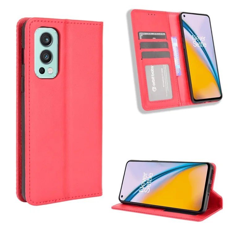 Retro Style PU Leather Flip Magnetic Stand Flip Protective Cover for OnePlus Nord 2 5G - Red