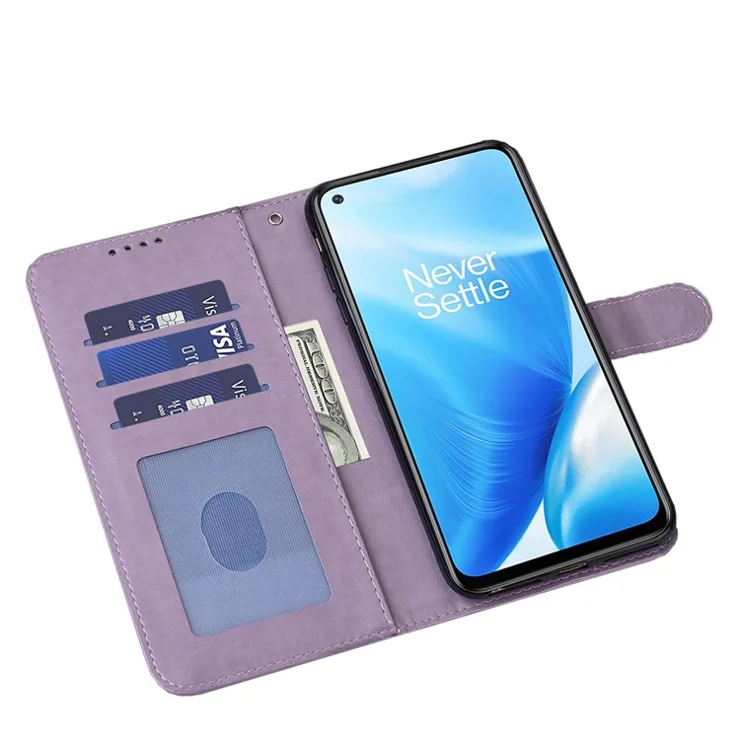 Imprinted Tree Deer Full Protection PU Leather Phone Stand Cover Wallet Case for OnePlus Nord CE 5G - Purple