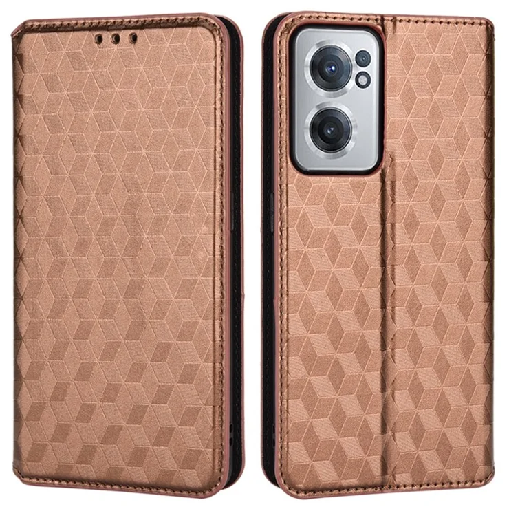 For OnePlus Nord CE 2 5G Rhombus Imprinted Stand Wallet PU Leather Case Magnetic Absorption Phone Cover - Brown