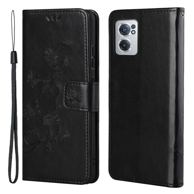 For OnePlus Nord CE 2 5G PU Leather Wallet Case PU Leather Imprinted Butterfly Flower Pattern Magnetic Closure Stand Cover with Strap - Black