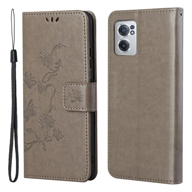 For OnePlus Nord CE 2 5G PU Leather Wallet Case PU Leather Imprinted Butterfly Flower Pattern Magnetic Closure Stand Cover with Strap - Grey