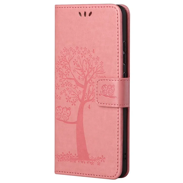 For OnePlus Nord CE 2 5G PU Leather Imprinted Owl Tree Pattern Case Folding Stand Wallet Flip Cover with Strap - Pink