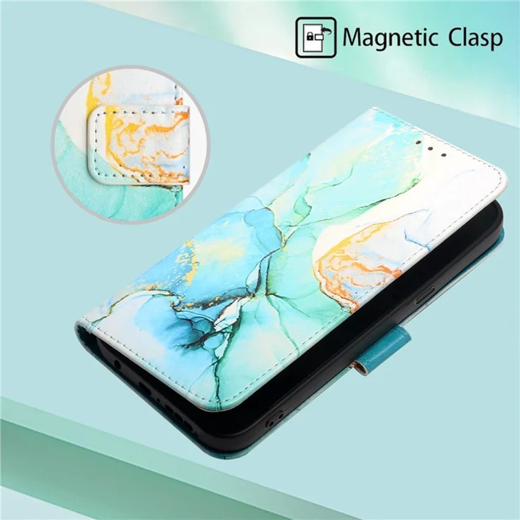 YB Pattern Printing Leather Series-5 for OnePlus Nord N200 5G/Oppo A74 5G, Marble Pattern Leather Wallet Case Adjustable Stand Shell + Strap - Green LS003