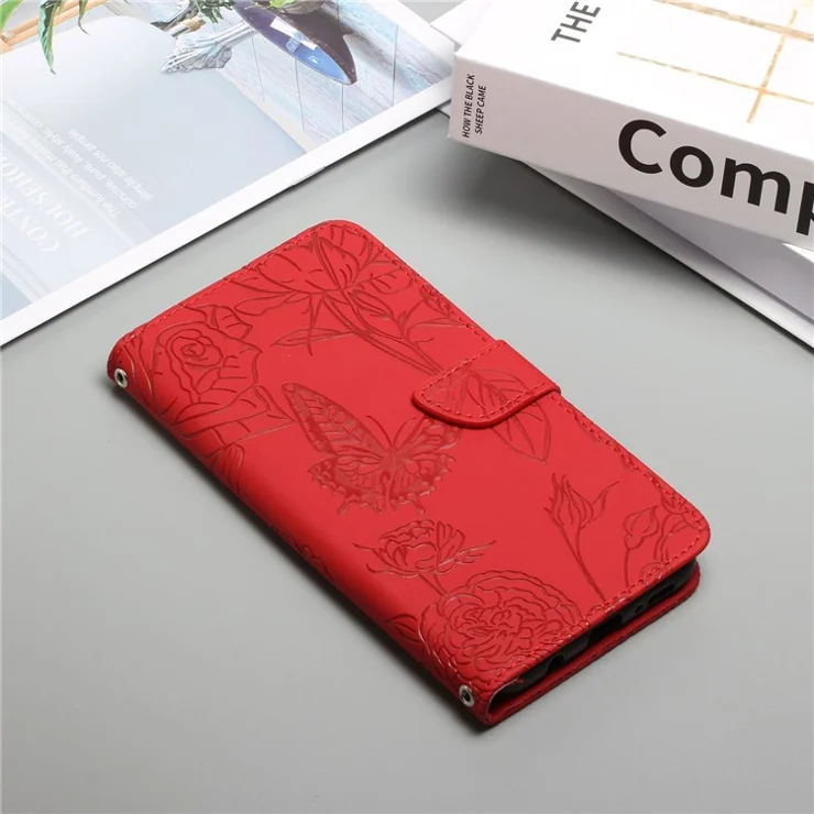 Protective Wallet Case for OnePlus Nord 2 5G Butterfly Flowers Imprinting PU Leather Folio Flip Cover Shockproof Stand Shell with Shoulder Strap - Red