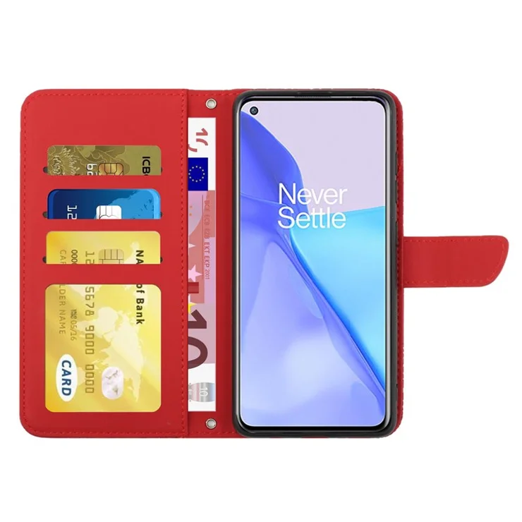 PU Leather Phone Shell for OnePlus 9 Pro Protective Case Butterfly Flowers Imprinting Scratch Resistant Stand Case with Wallet/Shoulder Strap - Red