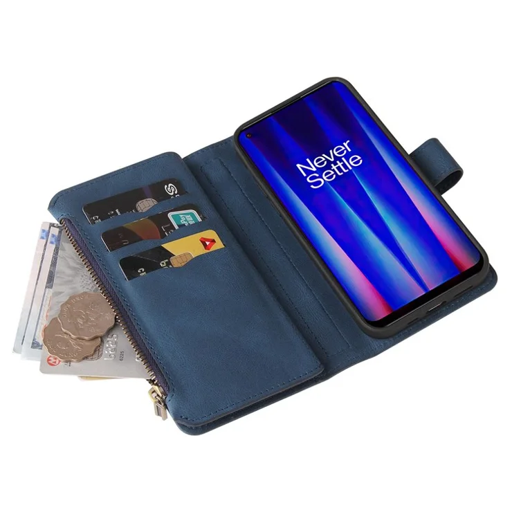 For OnePlus Nord CE 2 5G Zipper Wallet Case with 15 Card Slots and Strap Leather Phone Cover - Blue