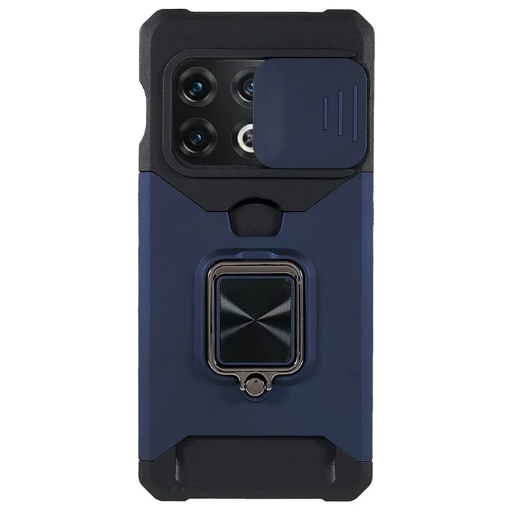 For OnePlus 10 Pro Wear-resistant PC + TPU Camera Slider Anti-drop Card Slot + Metal Kickstand Design Case - Navy Blue