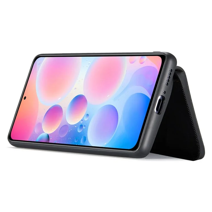 JEEHOOD For OnePlus Nord N200 5G Detachable Drop-proof Magnetic Zipper Wallet Style Cover Leather Coated TPU Phone Protector with Kickstand - Black
