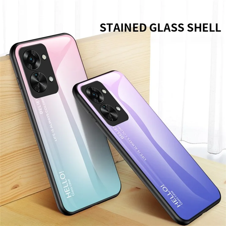 For OnePlus Nord 2T 5G Shockproof Gradient Color Tempered Glass Case Hard PC Soft TPU Frame Cover Protector - Gradient Pink Blue