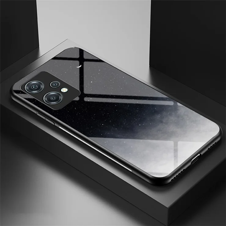 For OnePlus Nord CE 2 Lite 5G Starry Sky Pattern Tempered Glass+Hard PC Back Shell Anti-Scratch Soft TPU Bumper Frame Support Cover - Starry Crescent Moon