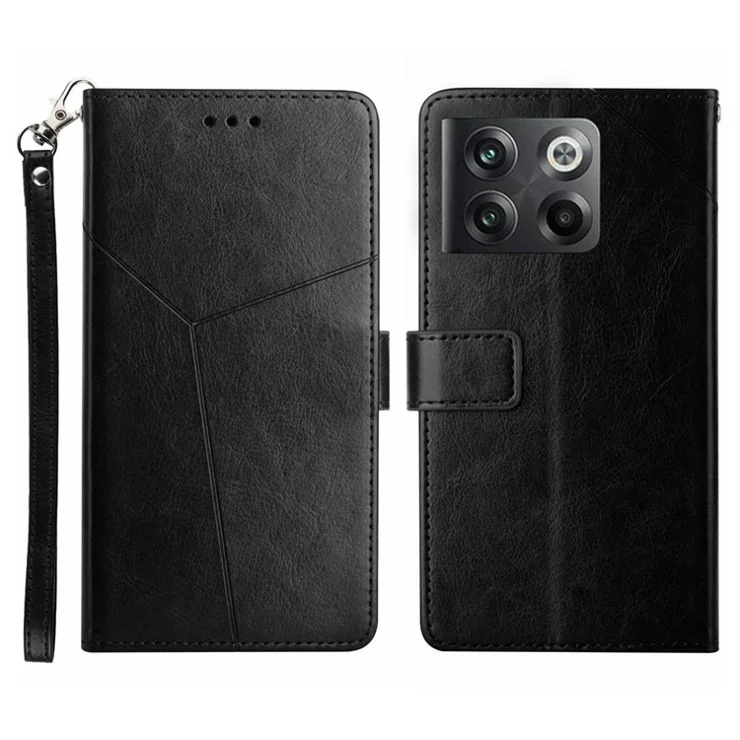 For OnePlus 10T 5G / Ace Pro 5G HT01 PU Leather Wallet Stand Case Imprinted Y-Shaped Lines Well-protected Phone Cover - Black