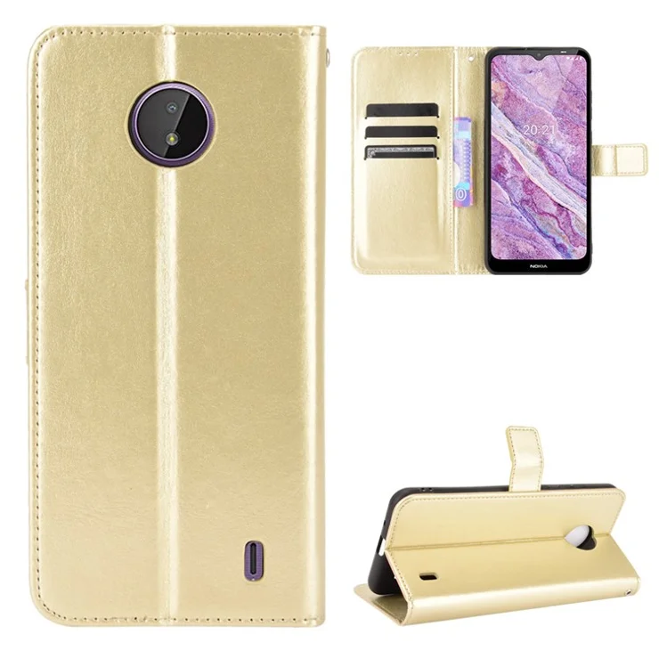 Folding Stand Design Folio Flip Crazy Horse Leather Wallet Shell with Strap for Nokia C10/C20 - Gold
