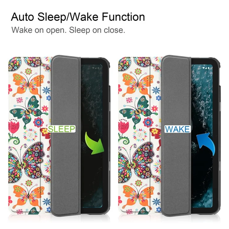 Pattern Printing Shockproof Hard PC + PU Leather Tablet Cover with Tri-fold Stand for Nokia T20 - Butterflies
