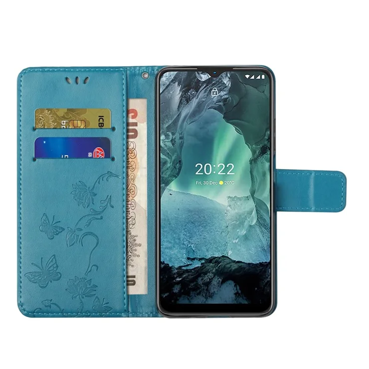 For Nokia G21/G11 Wrist Strap Anti-fall Butterfly Flower Imprinted Phone Case Shockproof Stand PU Leather Wallet Cover - Blue