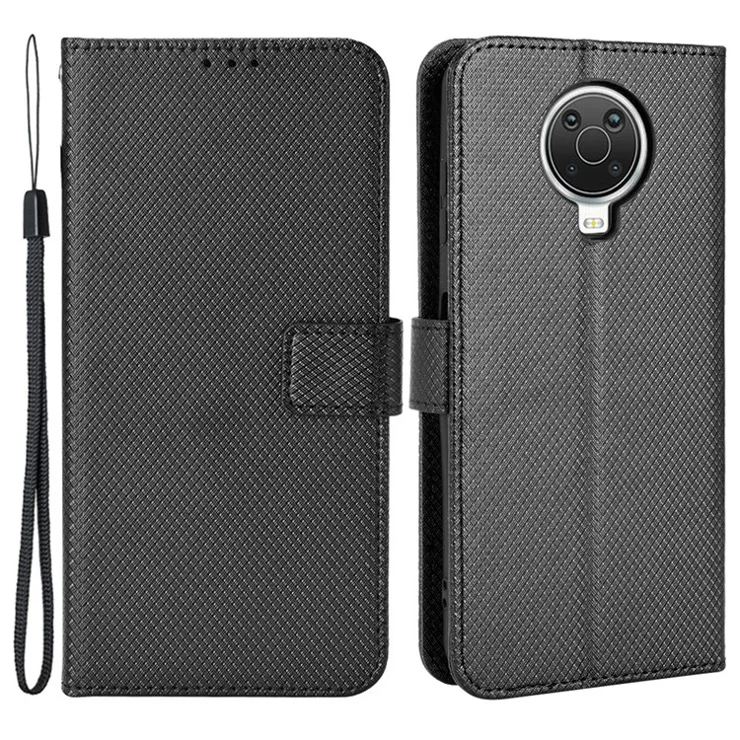 For Nokia G10 / G20 / 6.3 Diamond Texture PU Leather Magnetic Flip Cover Full Body Protection Stand Bookstyle Wallet Case with Strap - Black