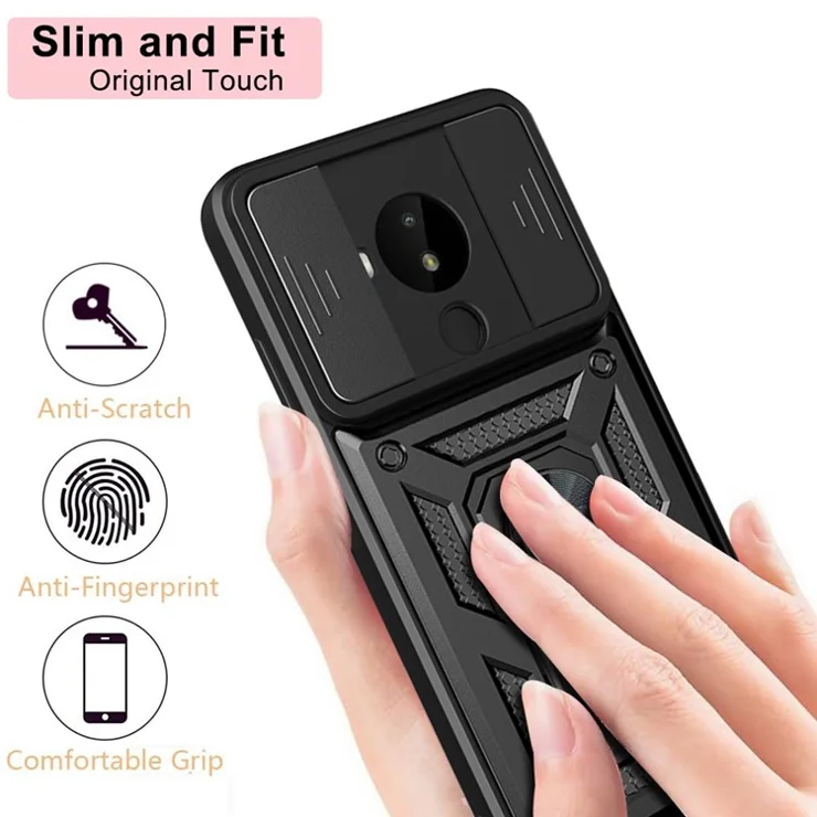 PC + TPU Cell Phone Shell Bag for Nokia C30, Dual Layer Armor Phone Case Slide Lens Protection Kickstand Scratch-Resistant Cover with Built-in Rotate Magnetic Metal Sheet - Red