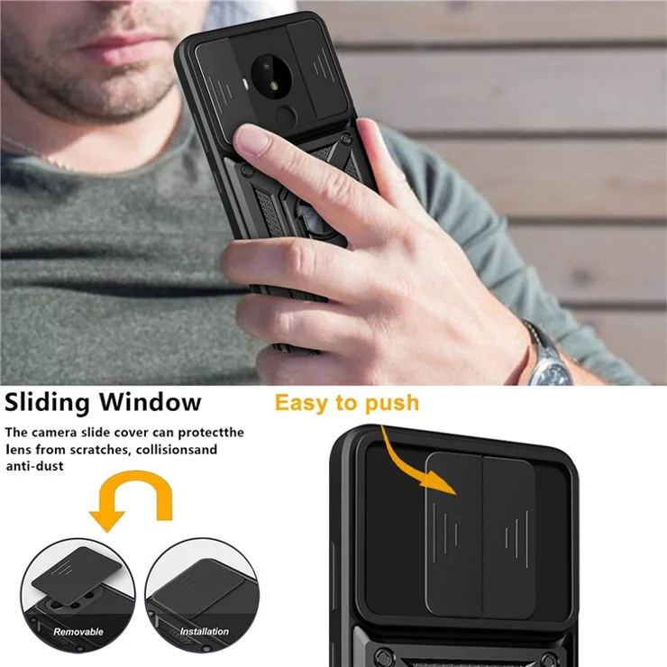 PC + TPU Cell Phone Shell Bag for Nokia C30, Dual Layer Armor Phone Case Slide Lens Protection Kickstand Scratch-Resistant Cover with Built-in Rotate Magnetic Metal Sheet - Gold