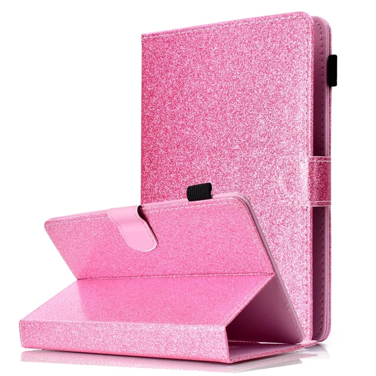 Flash Powder Tablet Case Decorated with Stitching Line Universal Leather Stand Case with Card Slots for Tablets within 10-inch - Pink