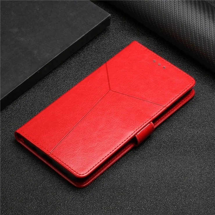 Quality PU Leather Phone Cover Stylish Y-shaped Line Imprinting Wallet Shell Stand Case for TCL 20 SE - Red