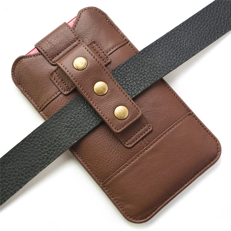 Top Layer Cowhide Leather 6.4-7.2 inch Mobile Phone Waist Belt Clip Bag Vertical Holster Pouch - Coffee
