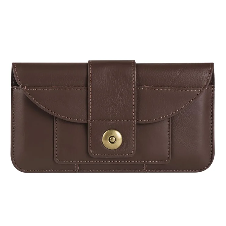 6.7-inch Phone Bag Cowhide Leather Horizontal Style Waist Belt Phone Pouch - Brown