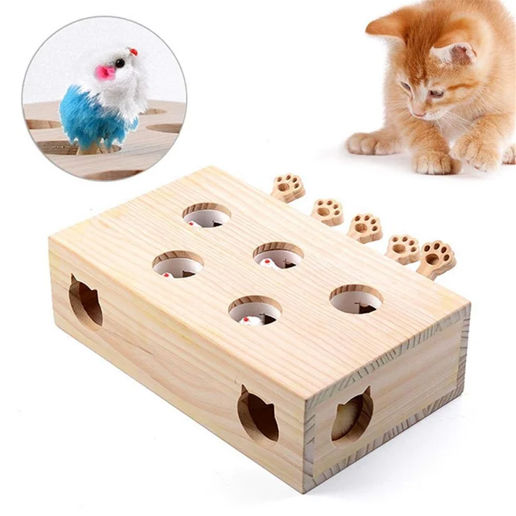 Interactive Cat Toy - Wooden Mouse Whack-a-Mole Puzzle Box, 3 Holes, With Cartoon Toys For Hunting Play - View #4