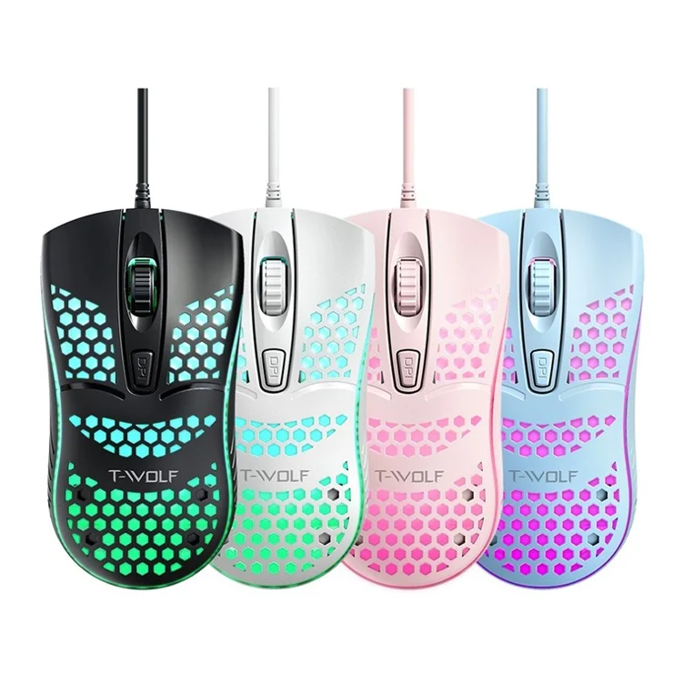 T-WOLF V15 PC Gaming Mouse RGB Backlit Wired USB Honeycomb Design 4D Buttons Mouse - Pink