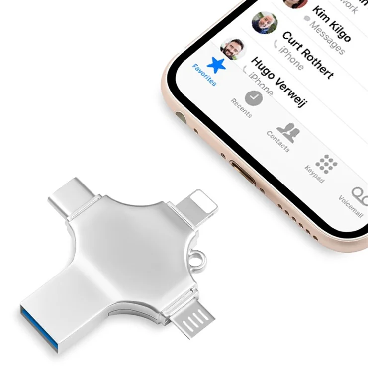 RICHWELL R-SZPM 32G 4-in-1 USB 3.0 Flash Drive Type C/Lightning/Micro USB for Phone and Computer, External Photo Storage Memory Stick High-Speed Backup - Silver