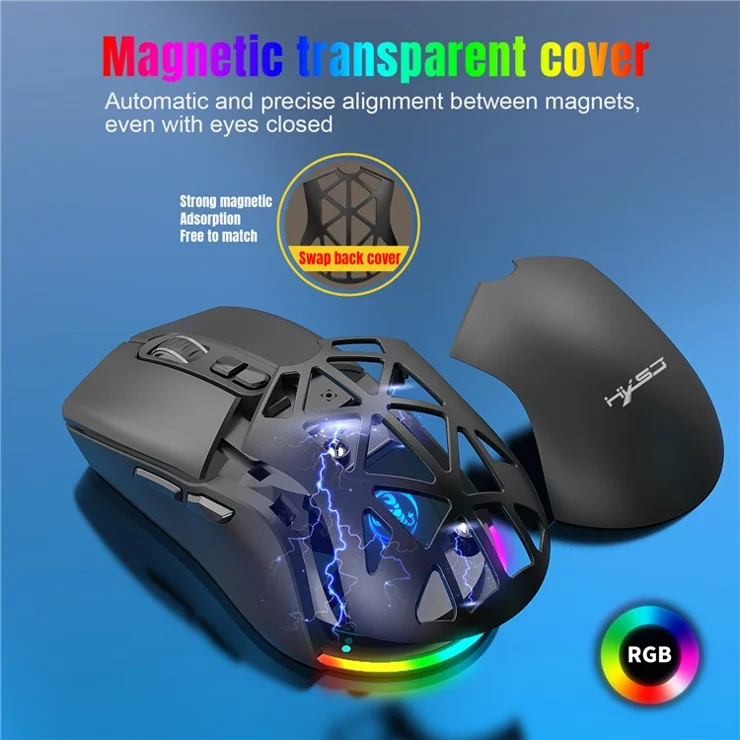 HXSJ T26 Wireless Mouse Bluetooth5.1 + 2.4Ghz Dual Modes 4800 DPI RGB Backlit Mouse - Black