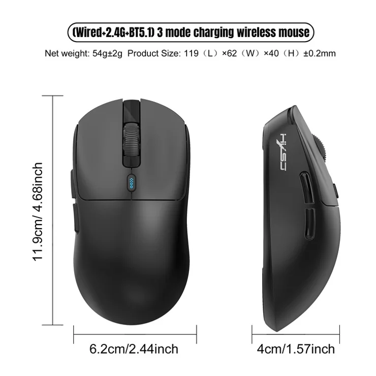 HXSJ T68 3-Mode Lightweight Gaming Mouse PAW-3311 6-Key Programmable TTC 12000DPI Wireless Mouse - Black