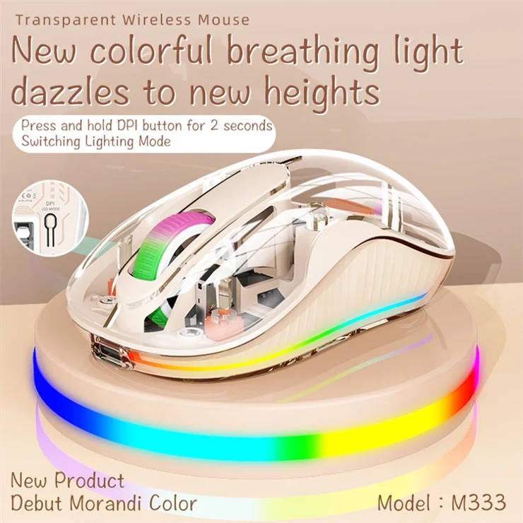 M333 Wireless Transparent Mouse with Colorful Light Bluetooth-compatible Silent Mice Tri-mode Connectivity (CE Certified) - Grey