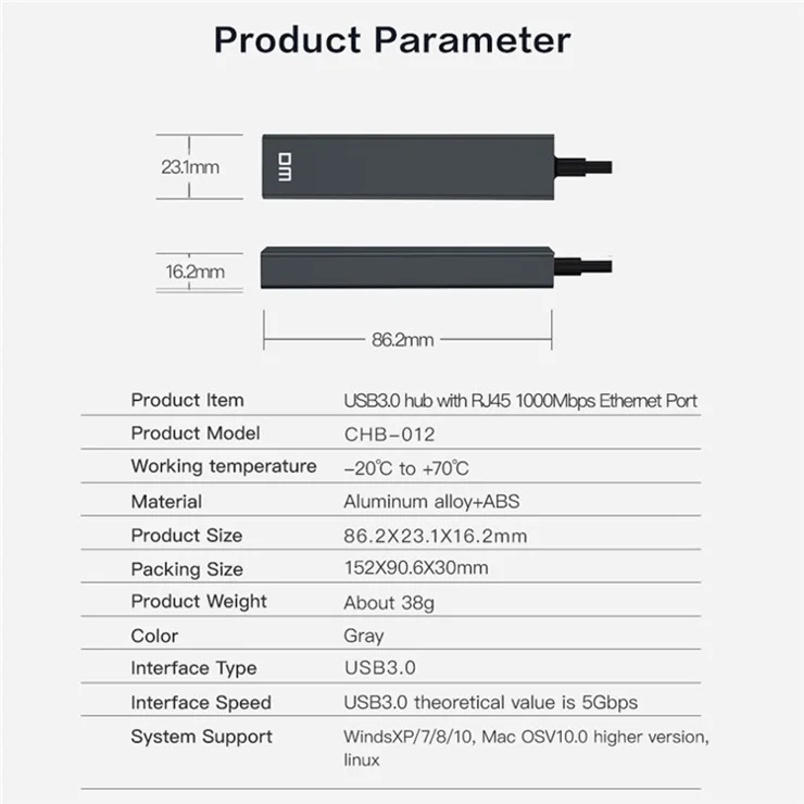 DM CHB012 3 Ports USB 3.0 Hub with Gigabit Ethernet Adapter High Speed Data Transfer Network Adapter