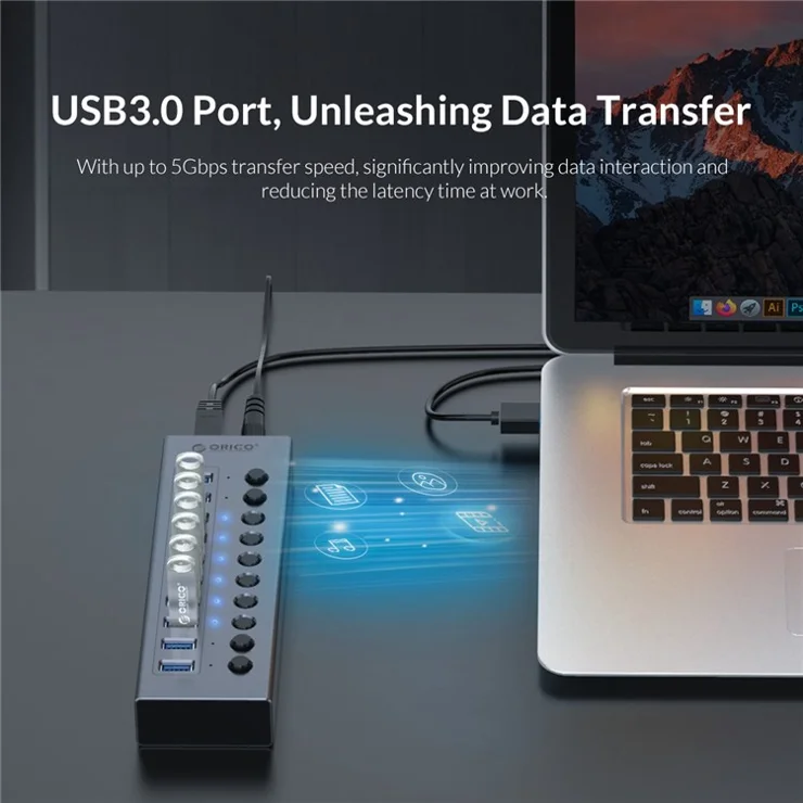 ORICO BT2U3-13AB 13 Port USB3.0 5Gbps Data Transmission USB Hub Aluminum Alloy Phone Charging Splitter with Individual Switches - EU Plug