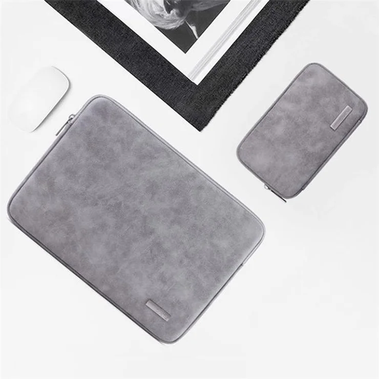 CANVASARTISAN L11-T0321 Solid Color PU Leather Notebook Case Shockproof Protective Sleeve Bag with Small Bag - Grey/for 12-inch Laptop