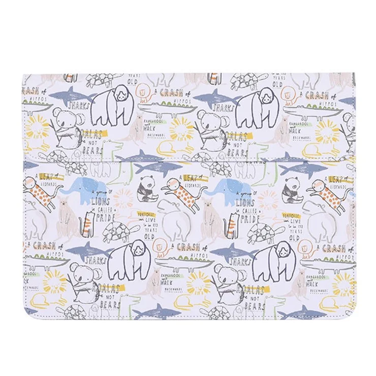 CANVASARTISAN E50-01 Cartoon Animal Pattern PU Leather Magnetic Flip Cover Laptop Sleeve Notebook Case Bag - White/for 12-inch Laptop