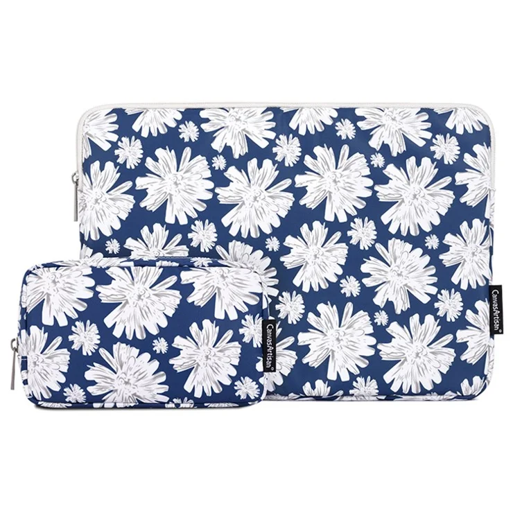 CANVASARTISAN H34-T0111 Chrysanthemum Pattern Laptop Sleeve Zipper Carrying Case with Small Bag - Blue/for 14-inch Laptop