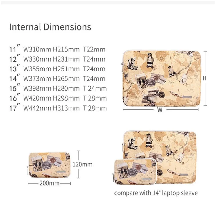CANVASARTISAN G3-T0121 Postcard Design Laptop Sleeve Bag Notebook Computer Case with Small Bag - Brown/for 12-inch Laptop