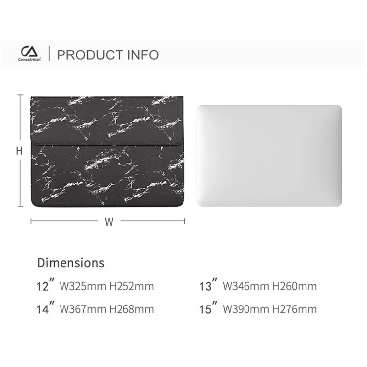 CANVASARTISAN E32-01 Magnetic Flip Cover PU Leather Laptop Sleeve Marble Pattern Notebook Carrying Bag - Black/Gold/for 15-inch Laptop