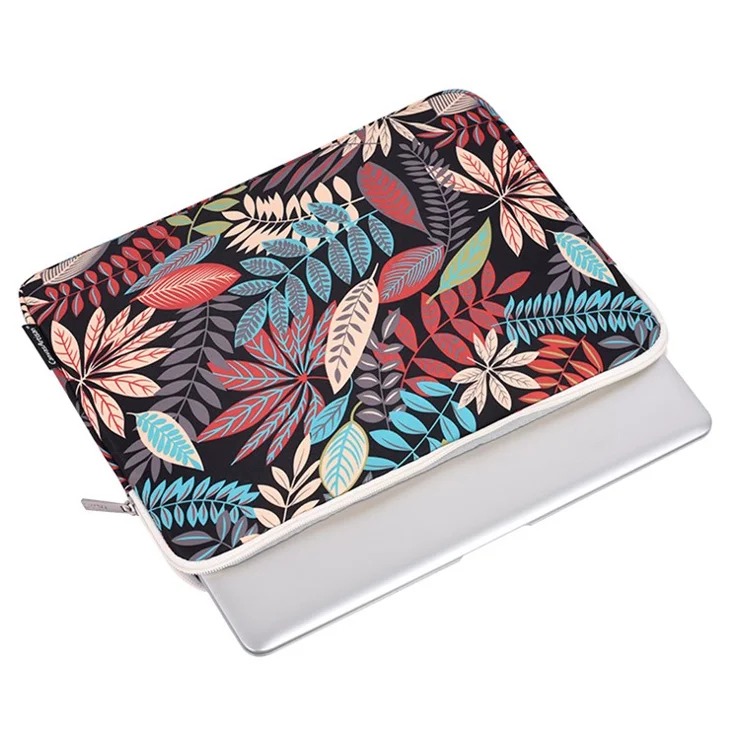 CANVASARTISAN H30-T0121 Leaves Printed Ultra-thin Protective Laptop Sleeve Zipper Notebook PC Bag with Small Bag - Black/for 11-inch Laptop