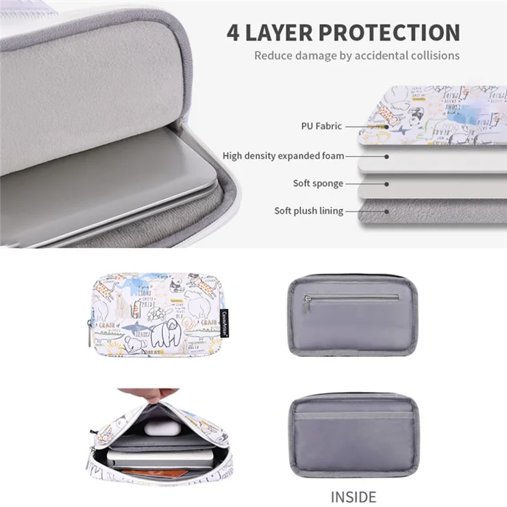 CANVASARTISAN G50-T0111 11-inch PU Notebook Sleeve Cartoon Animal Pattern Laptop Zipper Bag + Small Bag Set