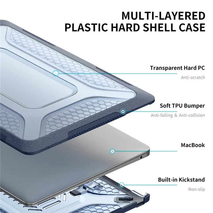 ENKAY HAT PRINCE Shockproof Slim Case for MacBook Air 13 inch (2018) A1932 (EU Version) Anti-Scratch Laptop Case Kickstand Protective Cover with TPU Keyboard Film + Dust-Proof Plugs - Blue