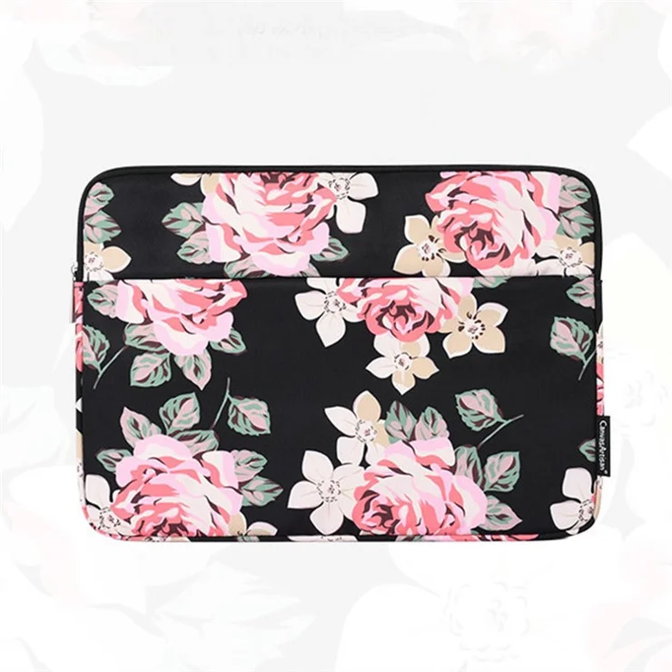 CANVASARTISAN H40-11 Rose Pattern Printed Anti-Drop Sleeve Bag for 11-inch Laptops Portable Carrying Case Shockproof Storage Bag with Outer Pouch - Black
