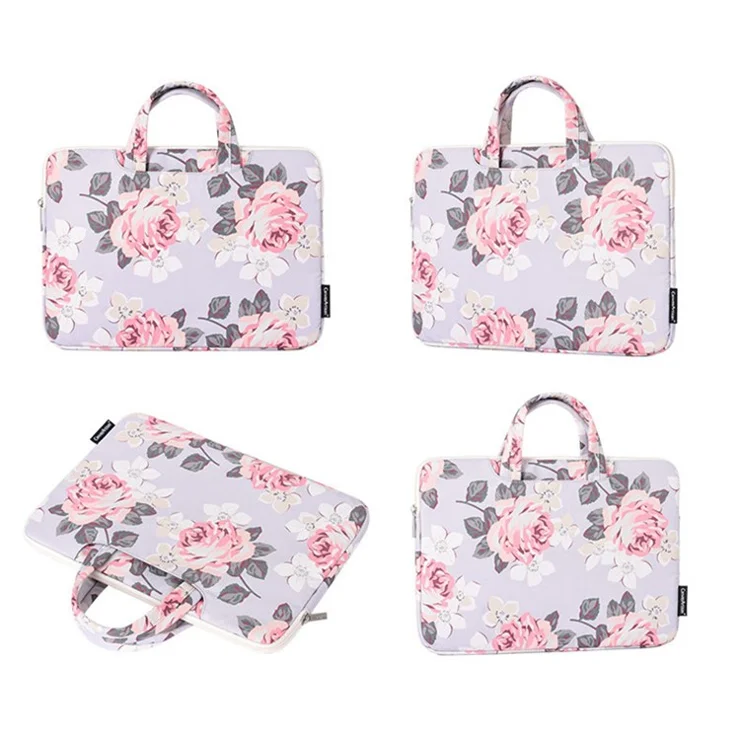 CANVASARTISAN H40-B01 15-inch Portable Handle Laptop Case Rose Pattern Printed Polyester Water Repellent Bag Tablet Notebook Shockproof Case with Outer Pouch - Black