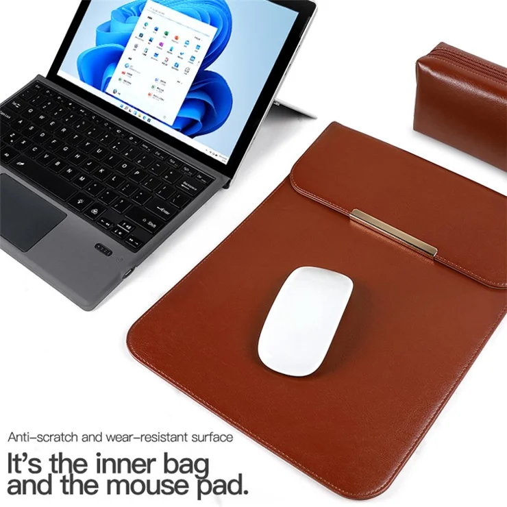A56 For MacBook / Surface Pro Laptop Sleeve Leather Ultra-slim Notebook Computer Bag Case Smooth Mouse Pad with Small Pouch - Black