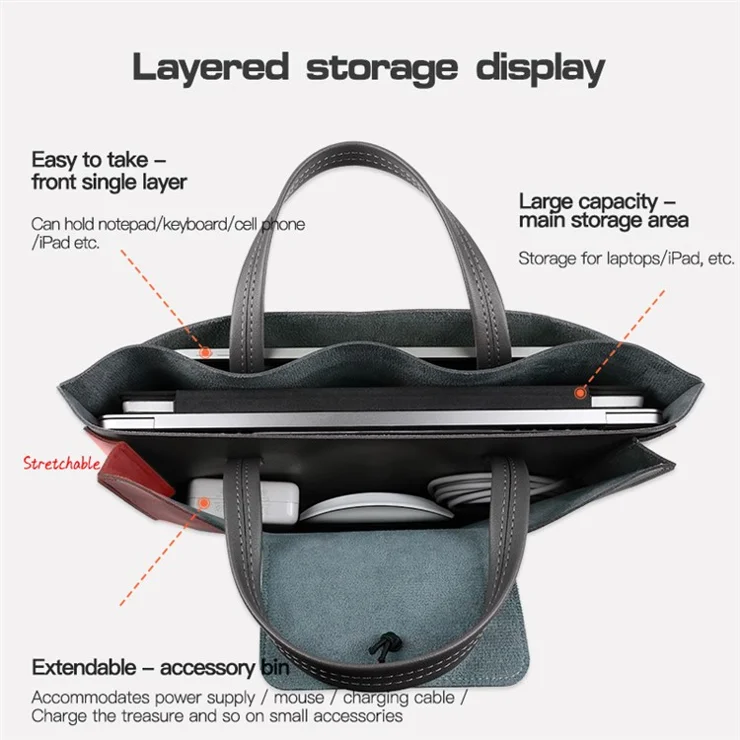 15 / 15.4 / 16 Inch Laptop Carrying Bag Handbag PU Leather Surface Protection Sleeve 3-Layer Notebook Computer Pouch - Black