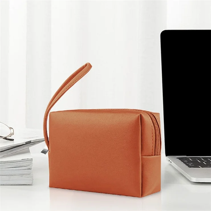 PU Leather Storage Bag Electronic Accessory Organizer with Hand Strap - Brown